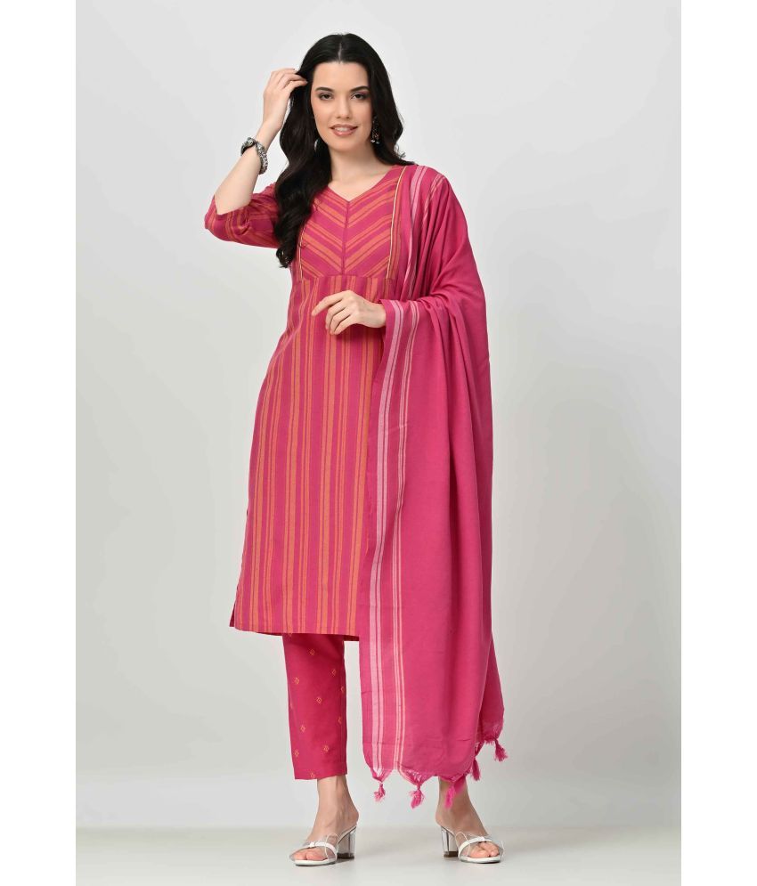     			OTIRA Cotton Blend Striped Kurti With Pants Women's Stitched Salwar Suit - Pink ( Pack of 1 )