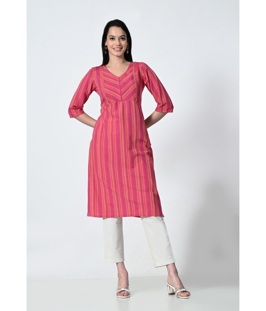     			OTIRA Pack of 1 Cotton Blend Striped Straight Women's Kurti - ( Pink )