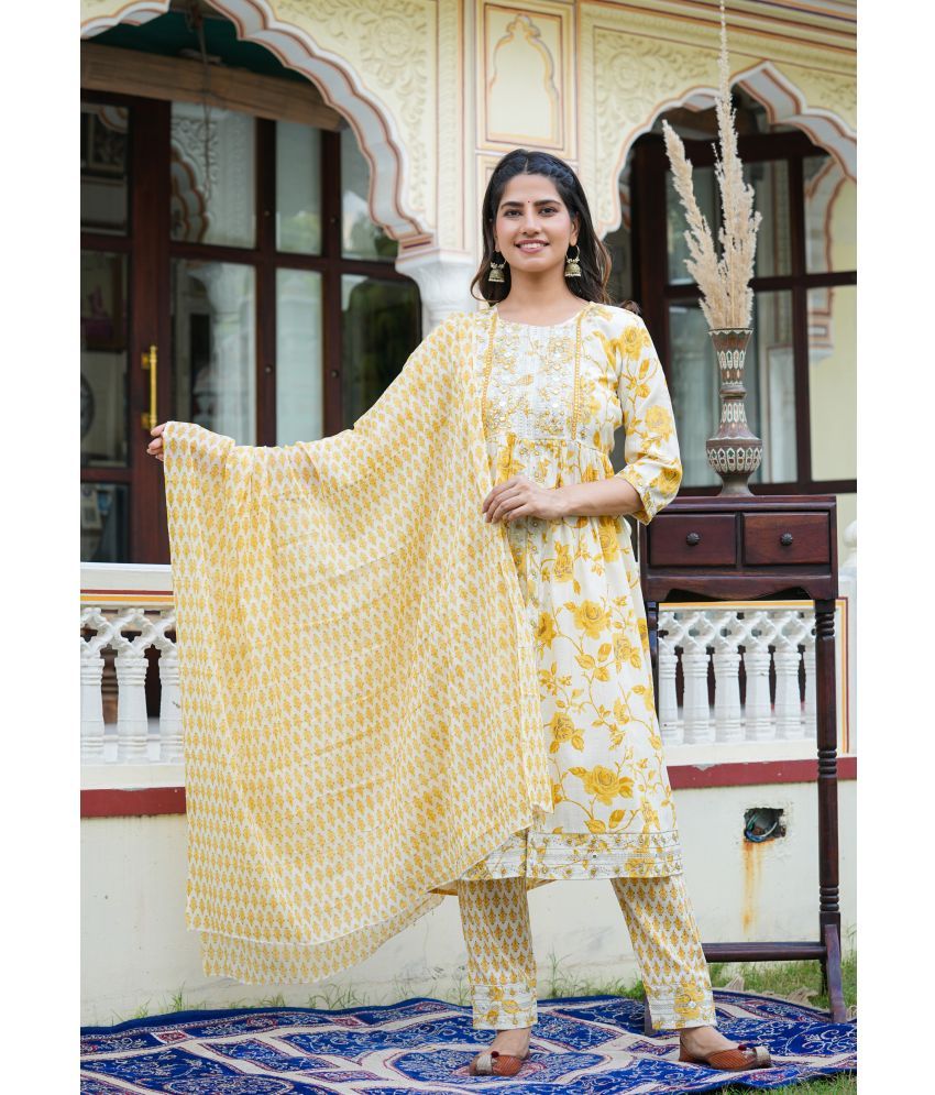     			Yash Gallery Cotton Printed Kurti With Pants Women's Stitched Salwar Suit - Yellow ( Pack of 1 )