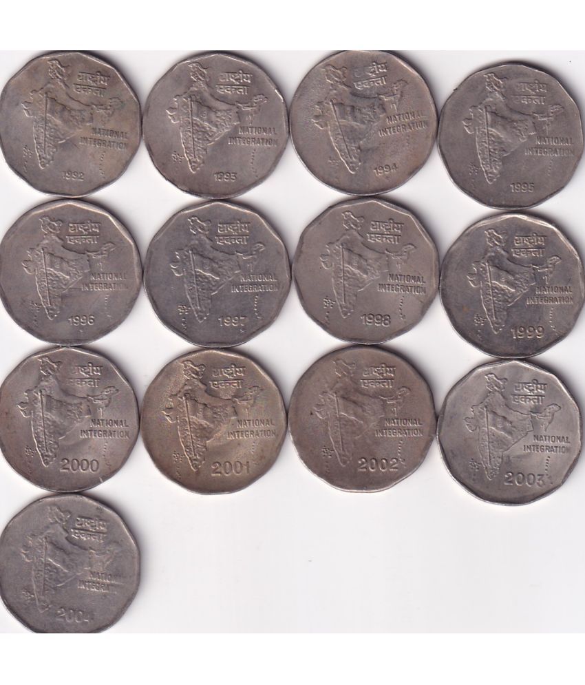     			1992-2004 NATIONAL INTEGRATION 2 RUPEES COMPLETE DATEWISE ( 13 PCS COINS SET)