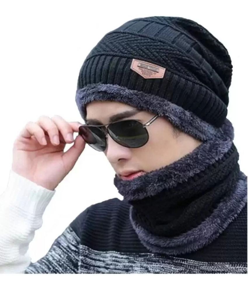     			AKSMIT Black Woollen Women's Cap ( Pack of 2 )