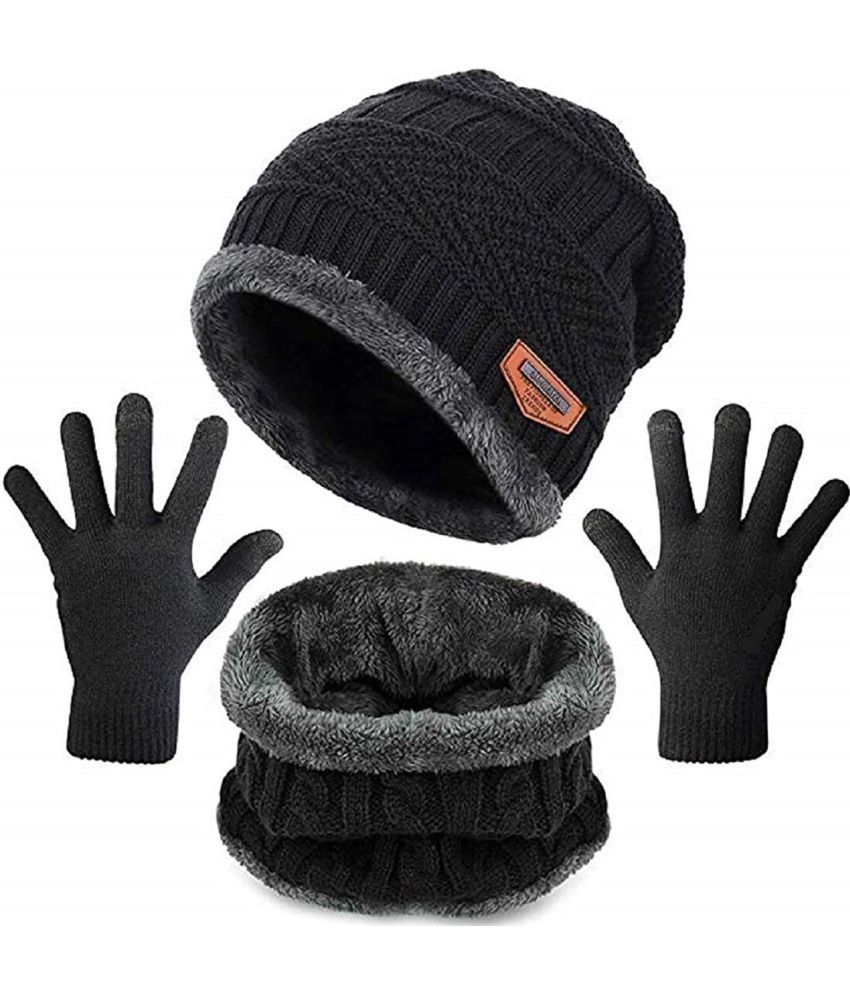     			AKSMIT Black Woollen Women's Cap ( Pack of 3 )