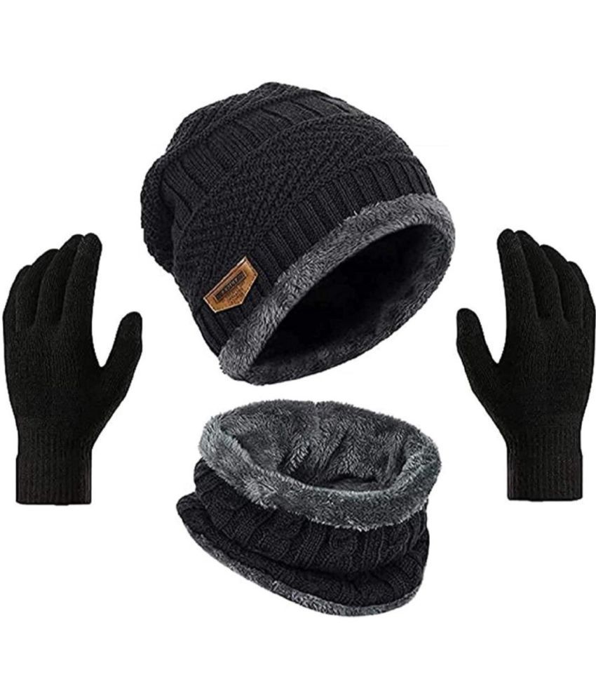     			AKSMIT Black Woollen Women's Cap ( Pack of 3 )