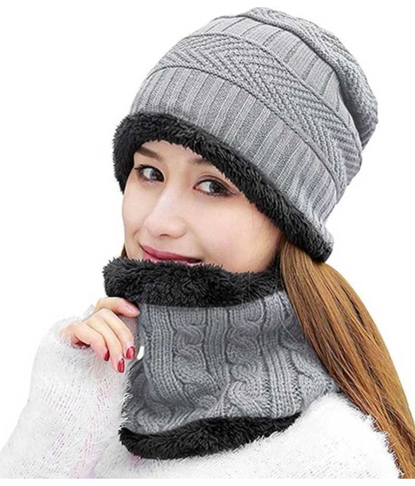     			AKSMIT Gray Woollen Women's Cap ( Pack of 2 )