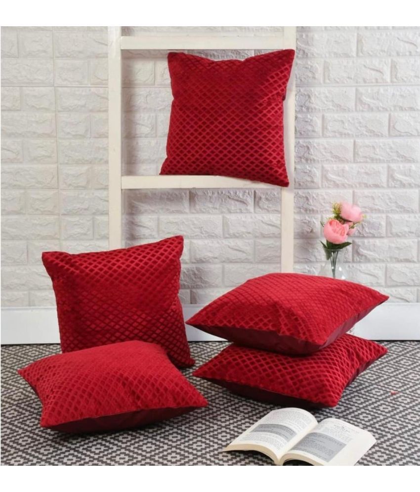     			Awesome Craft Set of 5 Polyester Small Checks Square Cushion Cover (40X40)cm - Red