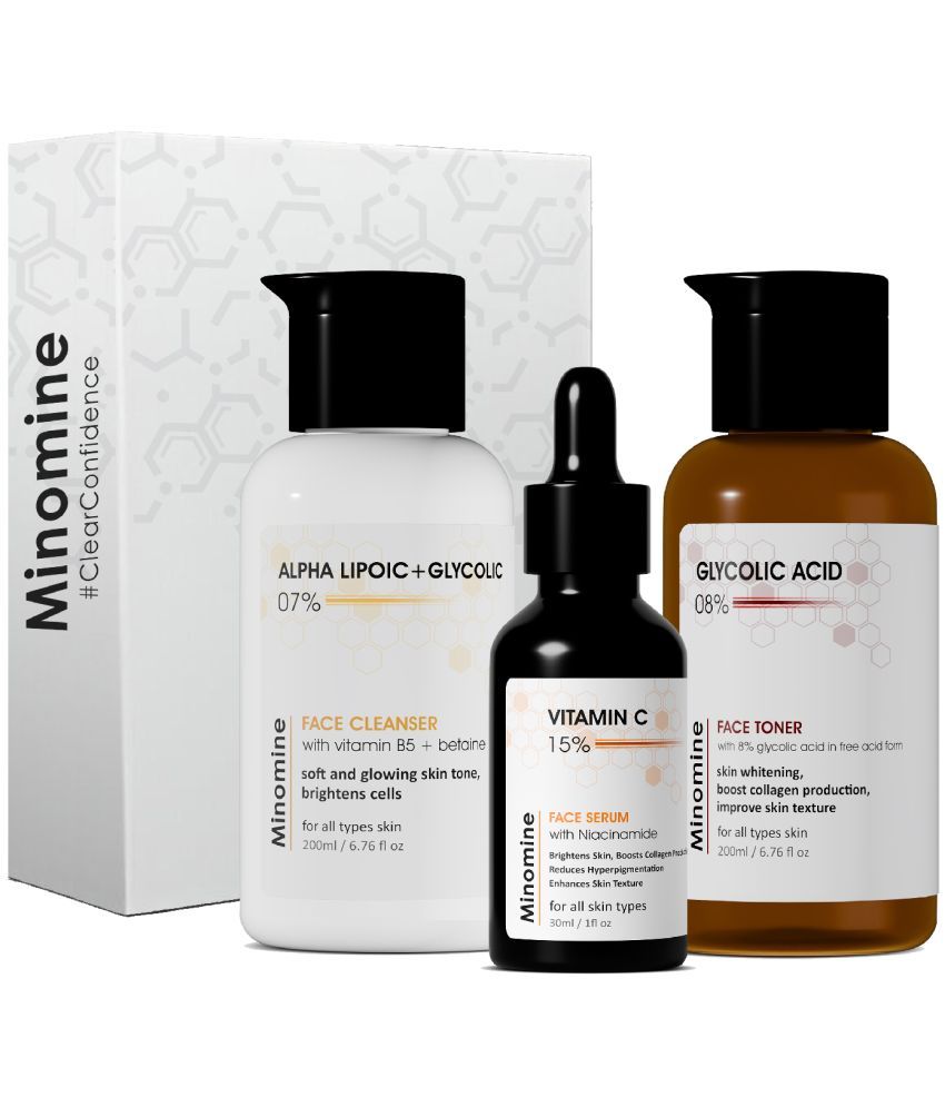     			Minomine Skincare Routine Kit for Unisex | Brightening & Hydrating | Formulated Whitening Skin , Improve Skin Texture & Boosts Collagen Production | Face Serum, Cleanser, Toner | 430ml