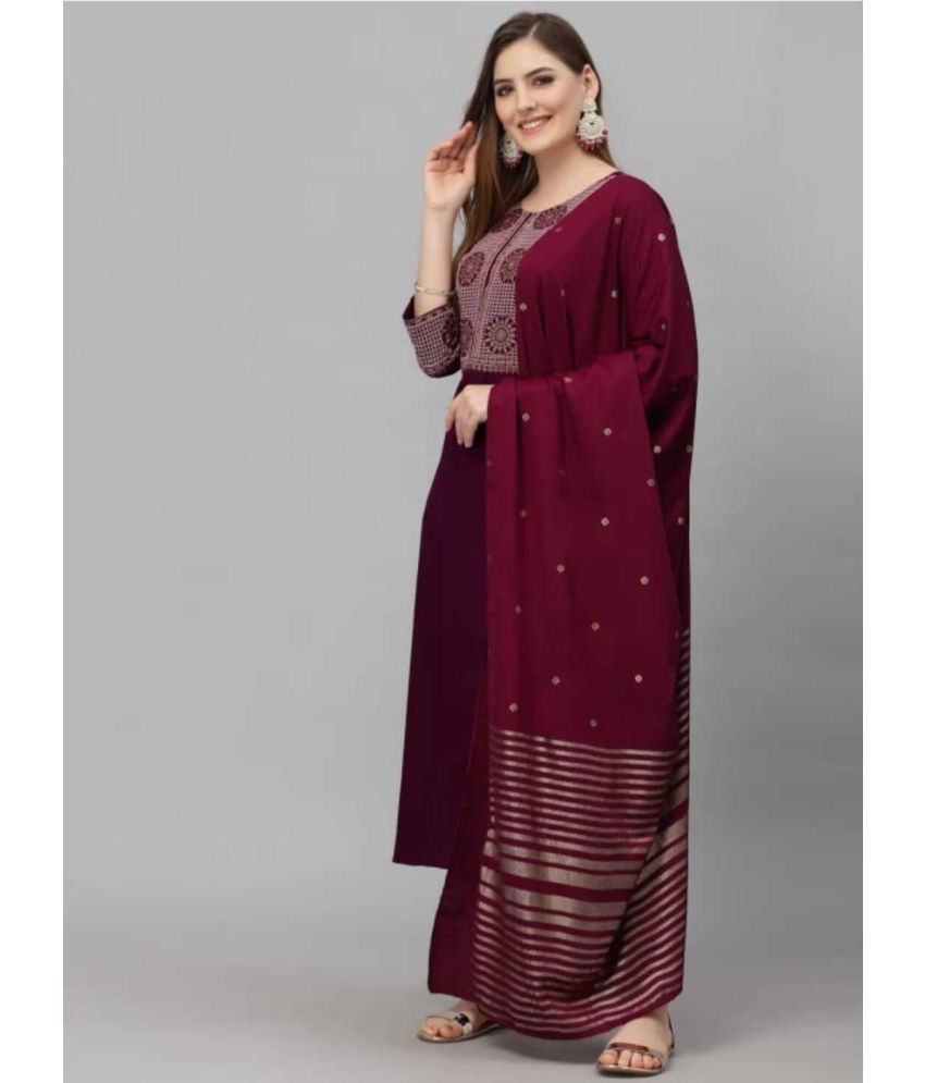     			SRKURTIS Viscose Embroidered Kurti With Pants Women's Stitched Salwar Suit - Maroon ( Pack of 1 )