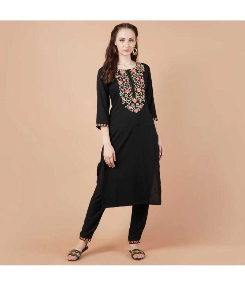     			SRKURTIS Viscose Printed Kurti With Pants Women's Stitched Salwar Suit - Black ( Pack of 1 )