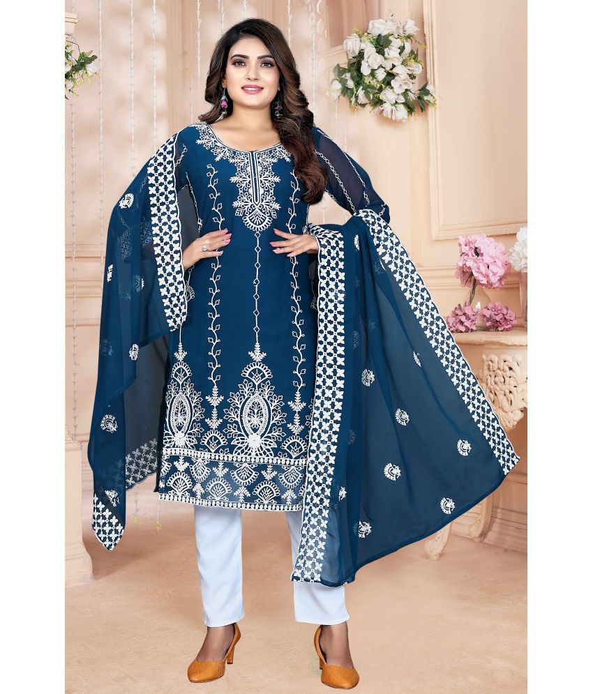     			Shree Ganesh Creation Georgette Embroidered Kurti With Pants Women's Stitched Salwar Suit - Aqua Blue ( Pack of 1 )