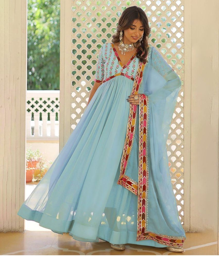     			kedar fab Light Blue Anarkali Georgette Women's Stitched Ethnic Gown ( Pack of 1 )