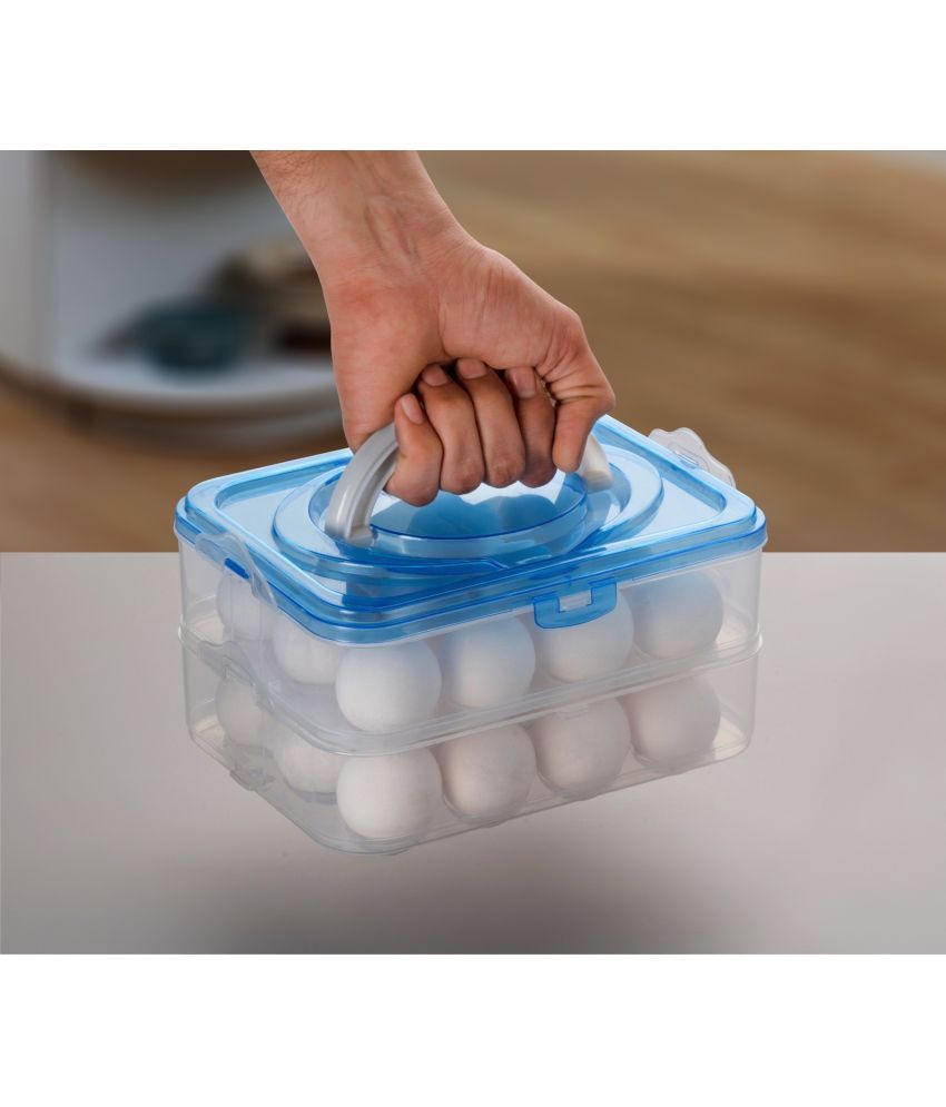     			2 Layer Egg Storage Container Storage Box with Lid for Refrigerator Kitchen Food and Vegetable Fridge Basket (pack of 1 ,Blue)