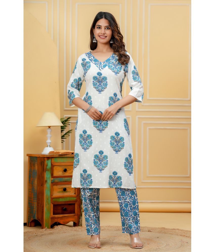     			Doriya Cotton Blend Printed Kurti With Pants Women's Stitched Salwar Suit - Blue ( Pack of 1 )