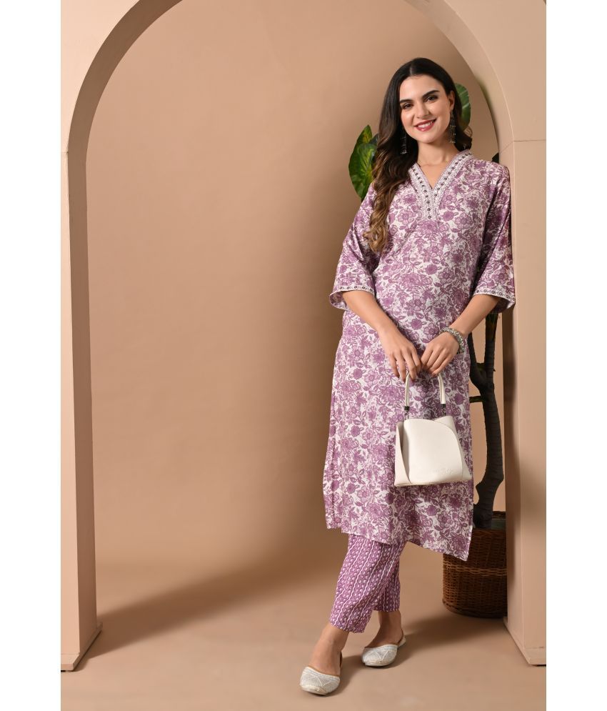     			Doriya Cotton Blend Printed Kurti With Pants Women's Stitched Salwar Suit - Purple ( Pack of 1 )