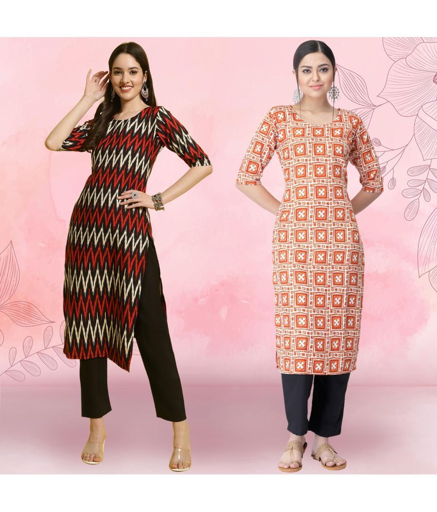     			Ethnicbasket Crepe Printed Kurti With Pants Women's Stitched Salwar Suit - Orange ( Pack of 2 )