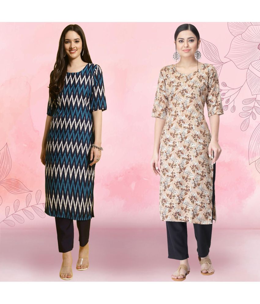     			Ethnicbasket Crepe Printed Kurti With Pants Women's Stitched Salwar Suit - Beige ( Pack of 2 )