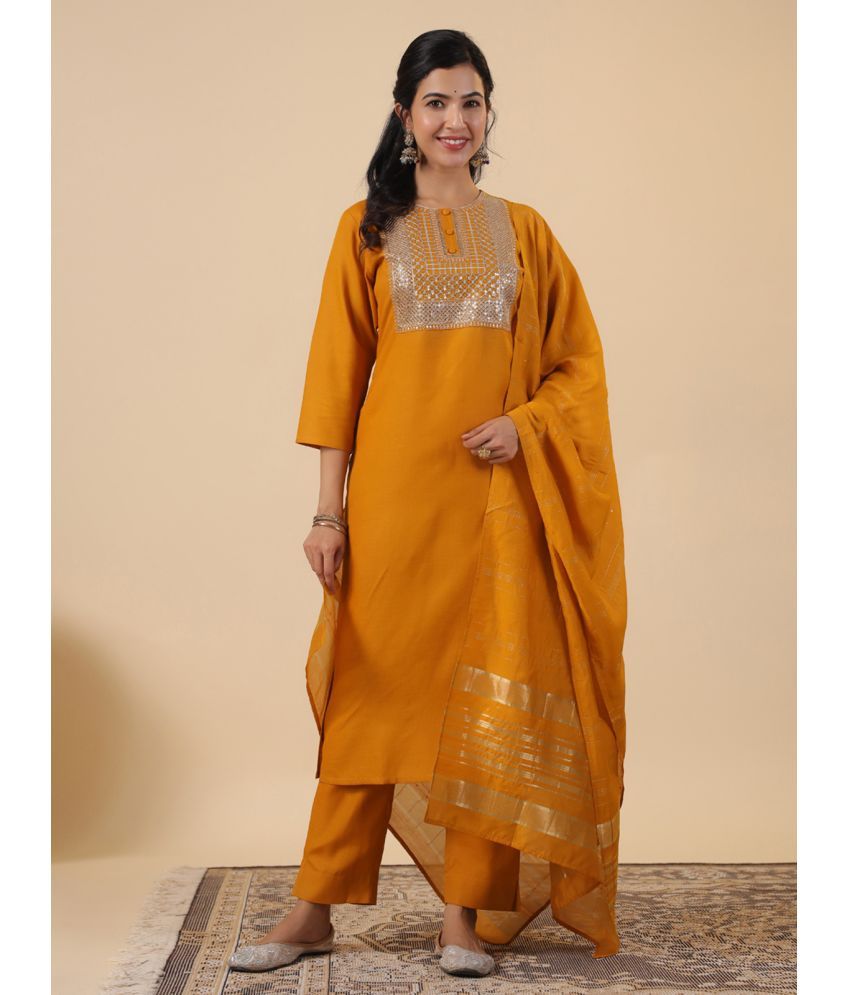     			Janasya Cotton Blend Embroidered Kurti With Pants Women's Stitched Salwar Suit - Mustard ( Pack of 1 )