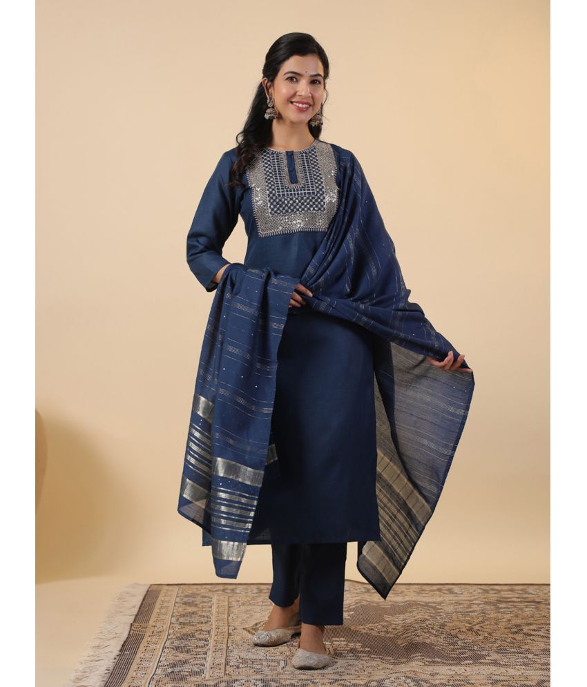     			Janasya Cotton Blend Embroidered Kurti With Pants Women's Stitched Salwar Suit - Blue ( Pack of 1 )