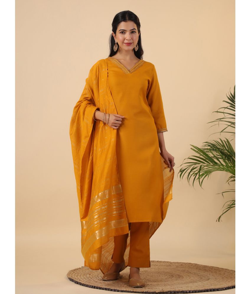     			Janasya Cotton Blend Solid Kurti With Pants Women's Stitched Salwar Suit - Mustard ( Pack of 1 )