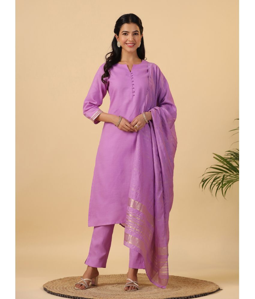     			Janasya Cotton Blend Solid Kurti With Pants Women's Stitched Salwar Suit - Lavender ( Pack of 1 )