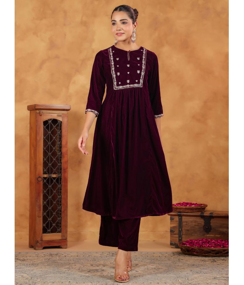     			Janasya Velvet Embroidered Kurti With Pants Women's Stitched Salwar Suit - Wine ( Pack of 1 )