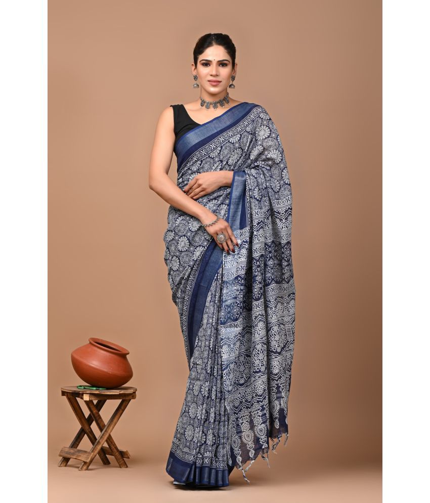     			NightBlue Pack of 1 Linen Printed Saree With Blouse Piece ( Blue )