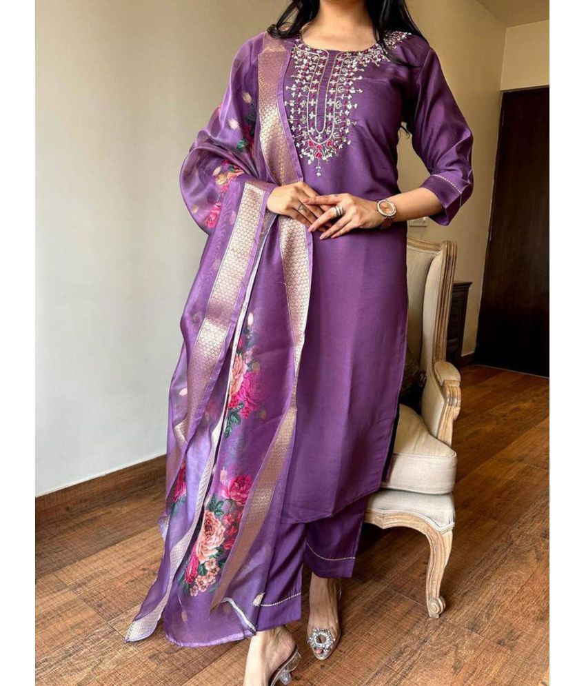     			Niza Fashion Viscose Embroidered Kurti With Pants Women's Stitched Salwar Suit - Purple ( Pack of 1 )