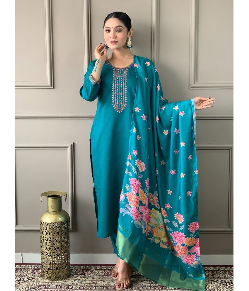     			Niza Fashion Viscose Embroidered Kurti With Pants Women's Stitched Salwar Suit - Turquoise ( Pack of 1 )