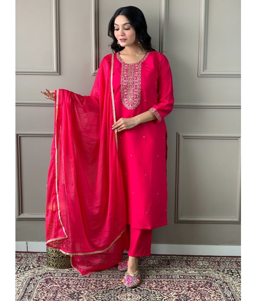     			Niza Fashion Viscose Embroidered Kurti With Pants Women's Stitched Salwar Suit - Pink ( Pack of 1 )