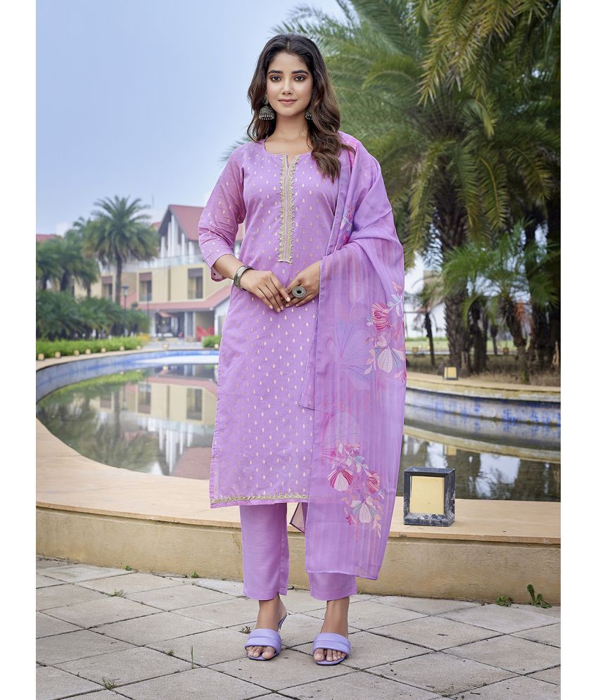     			Royal Export Chanderi Self Design Kurti With Pants Women's Stitched Salwar Suit - Purple ( Pack of 1 )