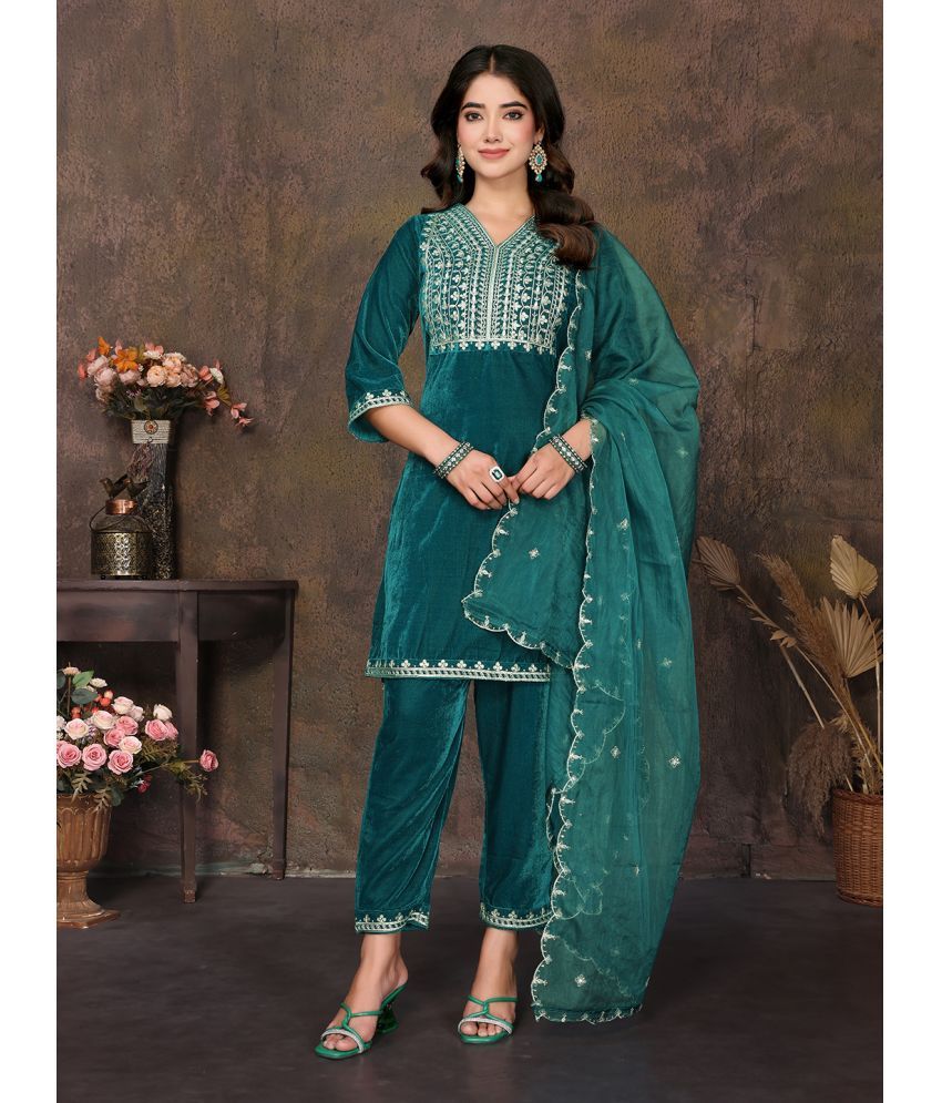     			Royal Export Velvet Embroidered Kurti With Pants Women's Stitched Salwar Suit - Teal ( Pack of 1 )