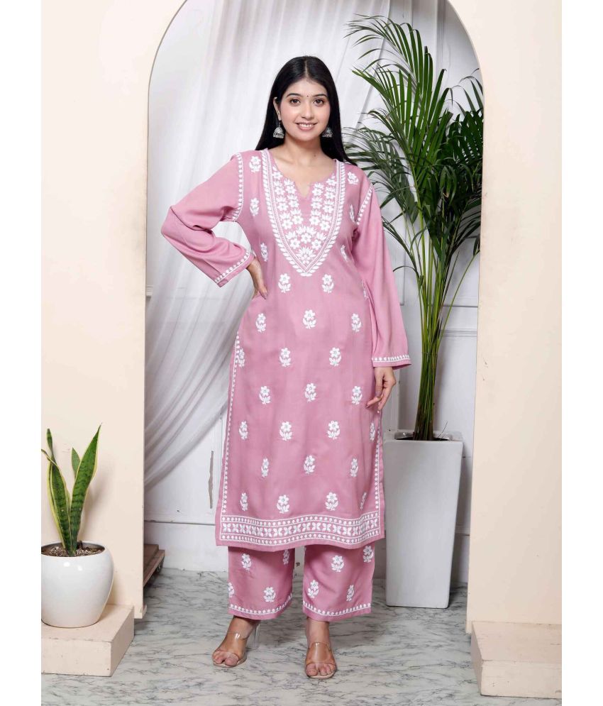     			miravan Cotton Embroidered Kurti With Palazzo Women's Stitched Salwar Suit - Pink ( Pack of 1 )