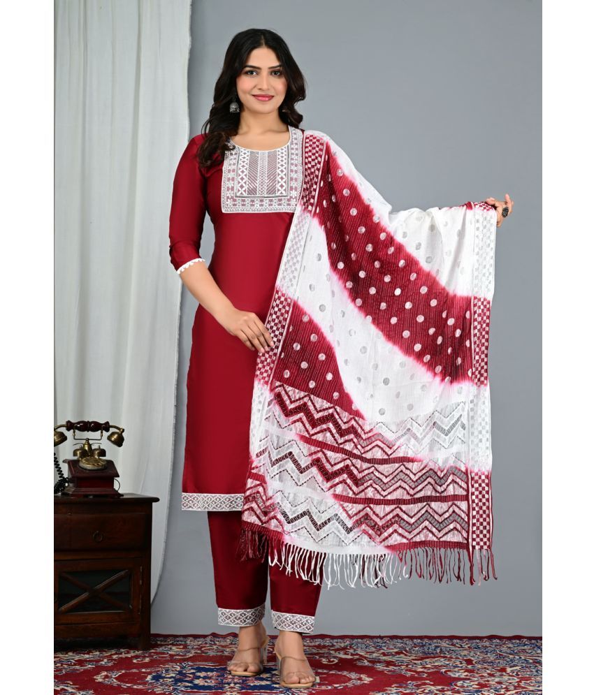     			EXPORTHOUSE Silk Blend Embroidered Kurti With Pants Women's Stitched Salwar Suit - Maroon ( Pack of 1 )