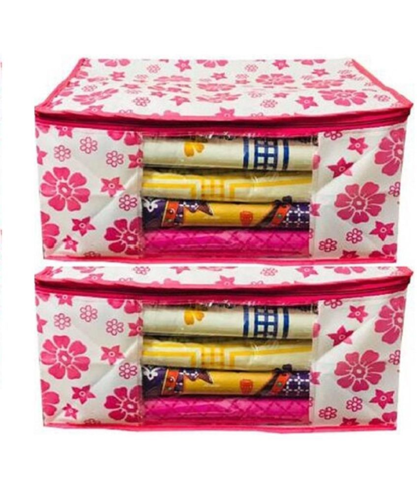     			Non-Woven Saree Cover Cloth Storage & Organizer ( Pack of 2 ) Pink Multi Saree Cover