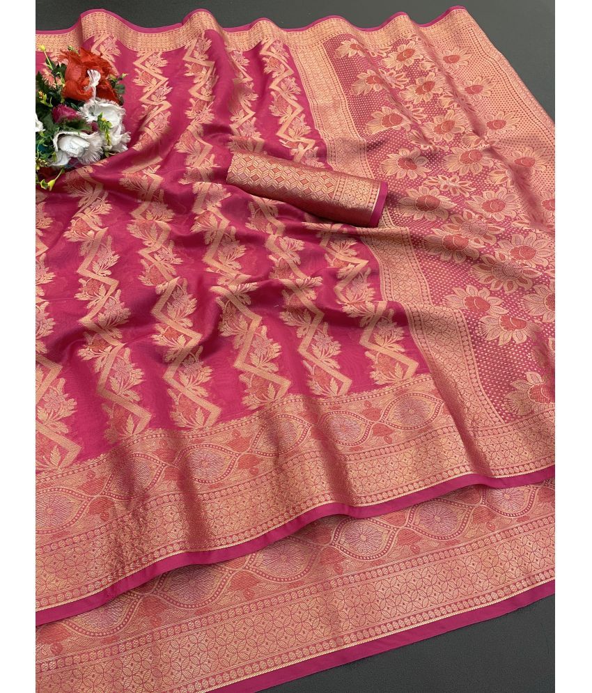     			Gullak Pack of 1 Organza Embellished Saree With Blouse Piece ( Pink )