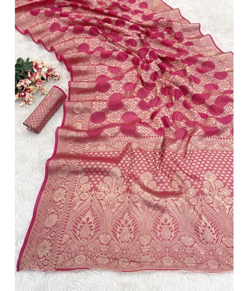     			Gullak Pack of 1 Organza Embellished Saree With Blouse Piece ( Pink )