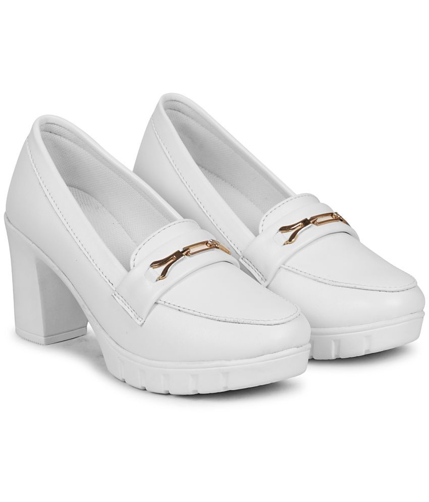     			Ishransh White Women's Slip On Heels