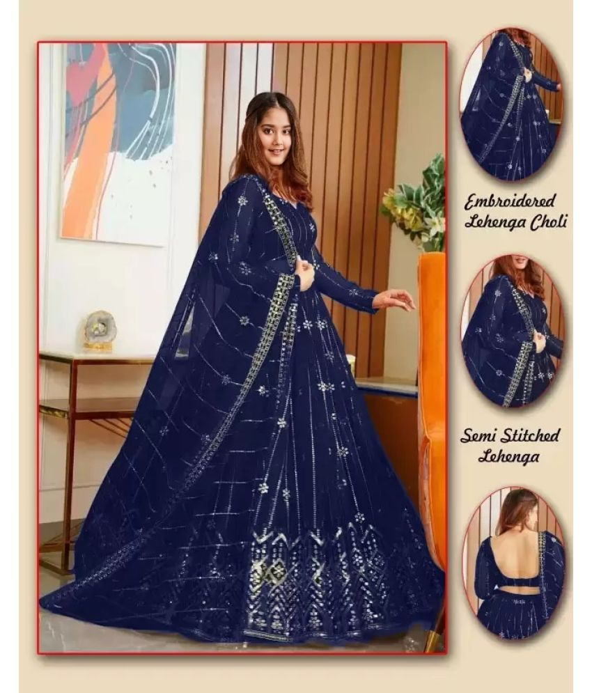     			Vushia Net Lehenga Choli Set For Girls ( Pack of 1 , Navy )