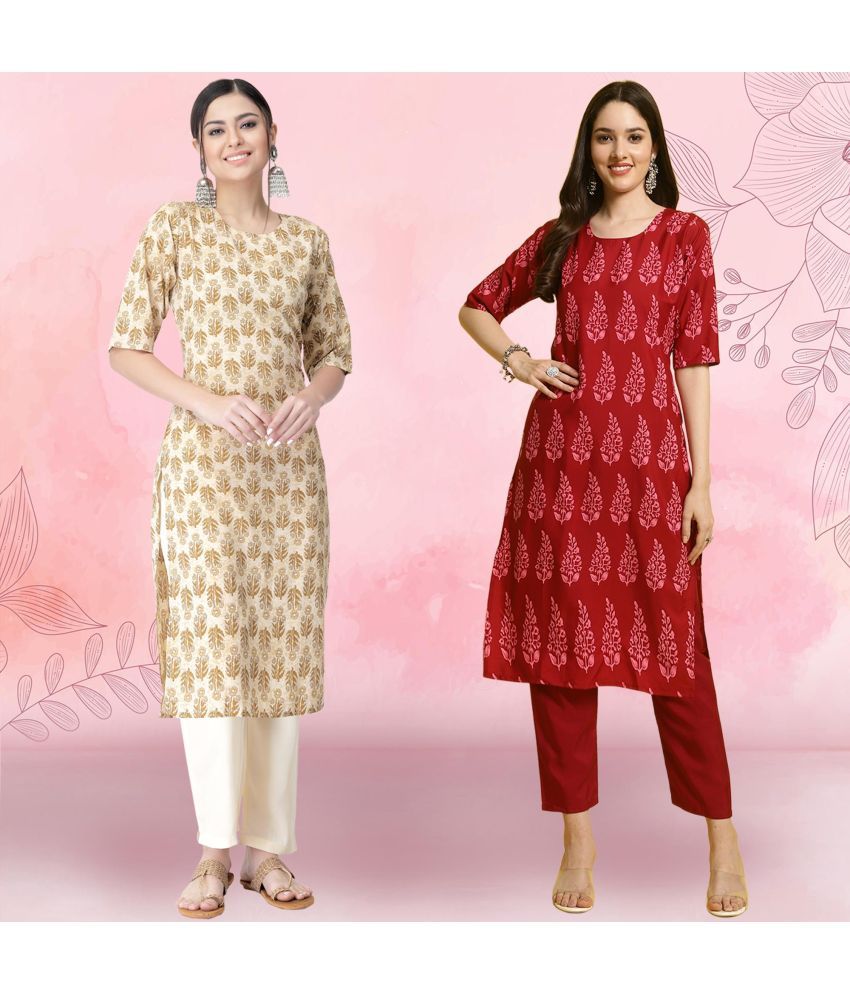     			Ethnicbasket Crepe Printed Kurti With Pants Women's Stitched Salwar Suit - Red ( Pack of 2 )