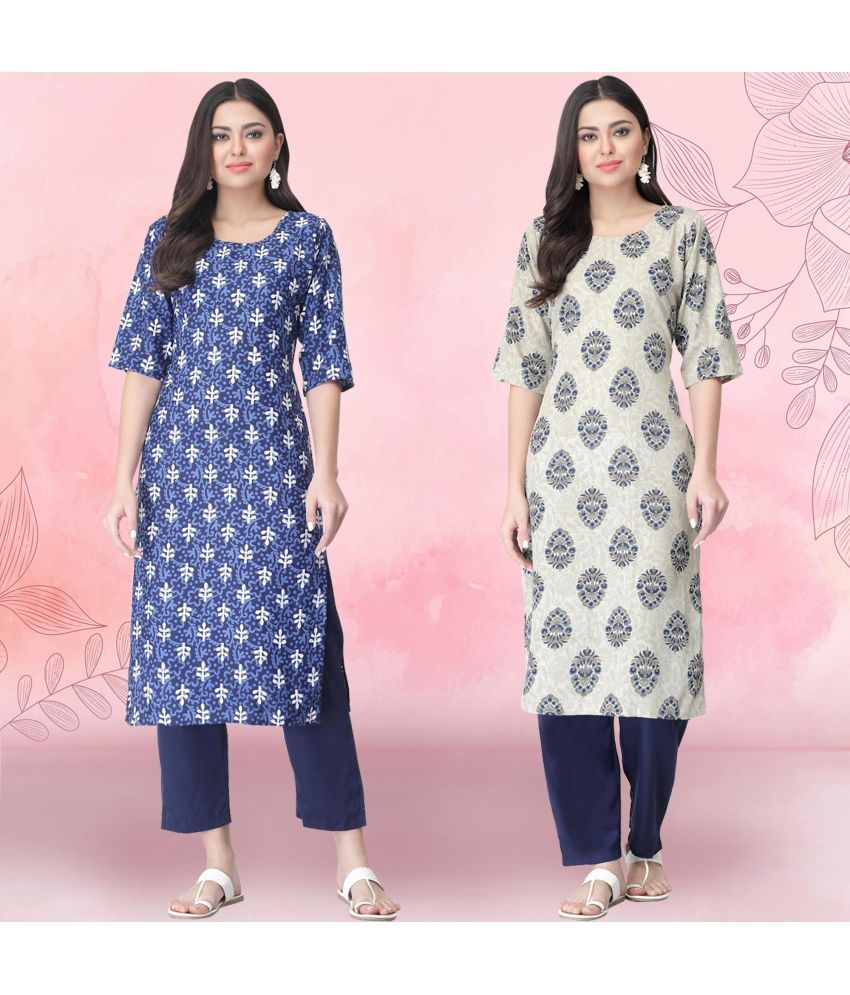     			Ethnicbasket Crepe Printed Kurti With Pants Women's Stitched Salwar Suit - Grey ( Pack of 2 )