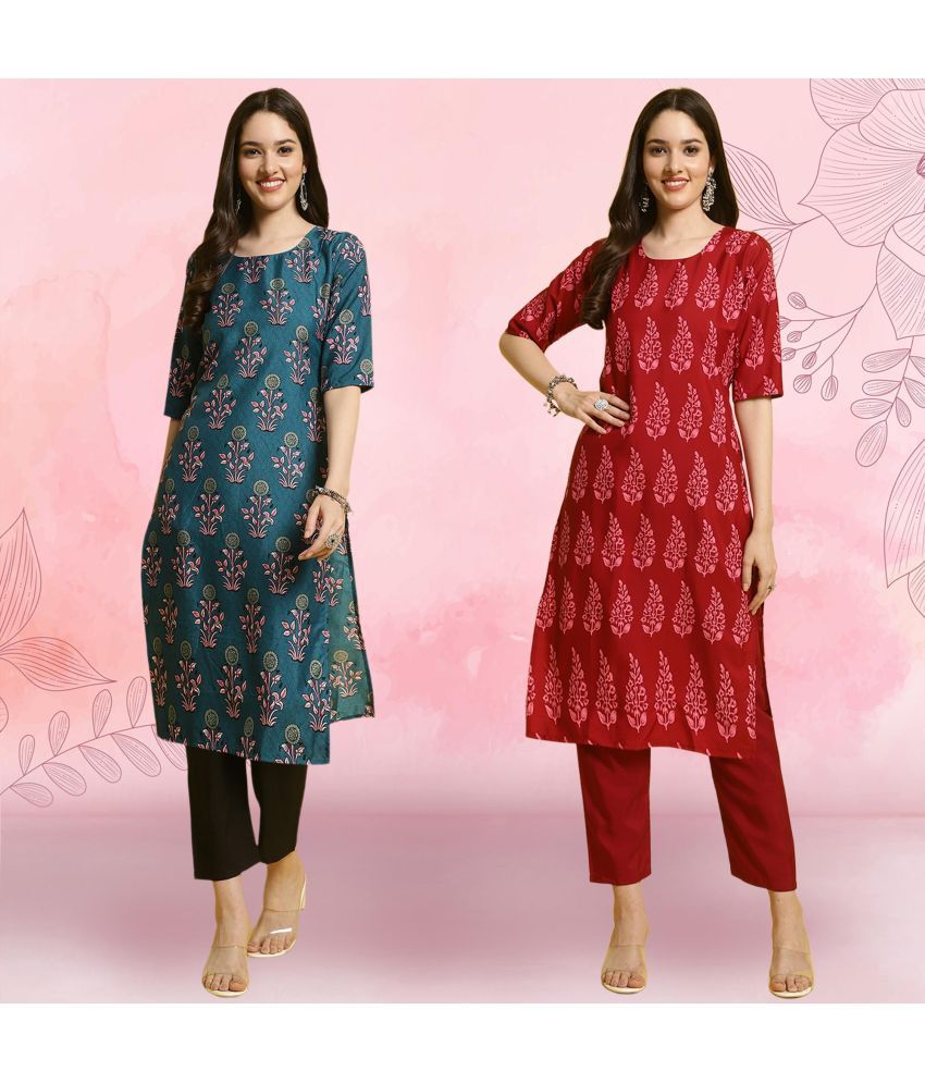     			Ethnicbasket Crepe Printed Kurti With Pants Women's Stitched Salwar Suit - Red ( Pack of 2 )