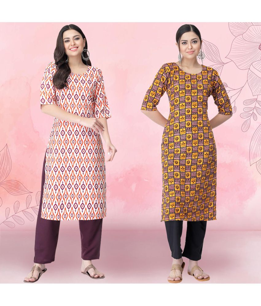     			Ethnicbasket Crepe Printed Kurti With Pants Women's Stitched Salwar Suit - Yellow ( Pack of 2 )