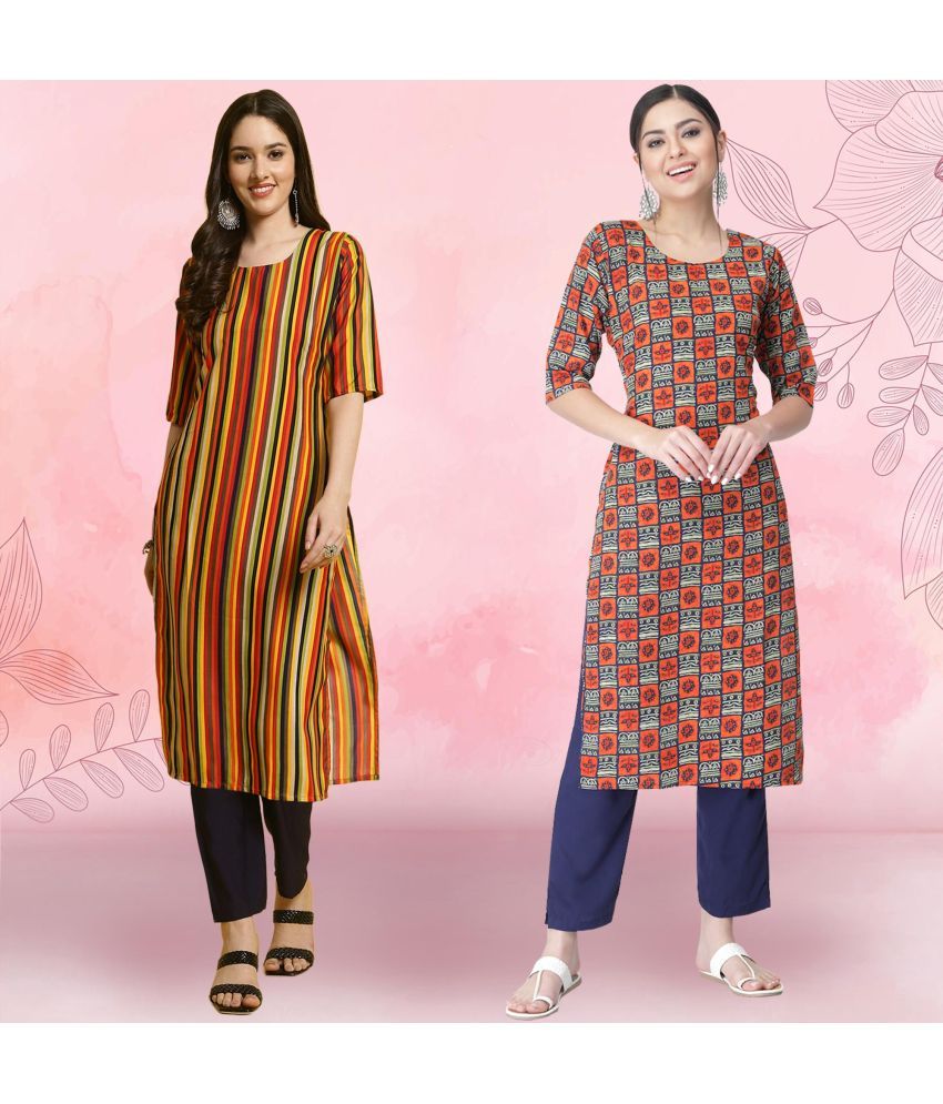     			Ethnicbasket Crepe Printed Kurti With Pants Women's Stitched Salwar Suit - Orange ( Pack of 2 )