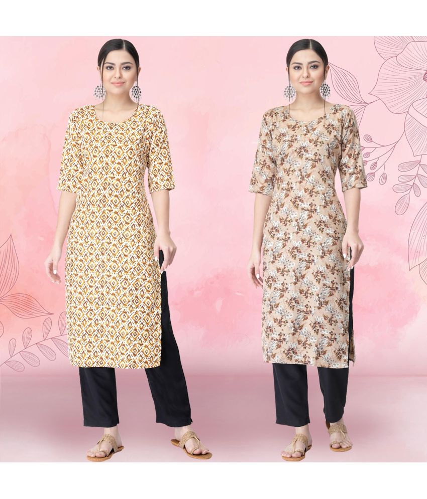     			Ethnicbasket Crepe Printed Kurti With Pants Women's Stitched Salwar Suit - Beige ( Pack of 2 )