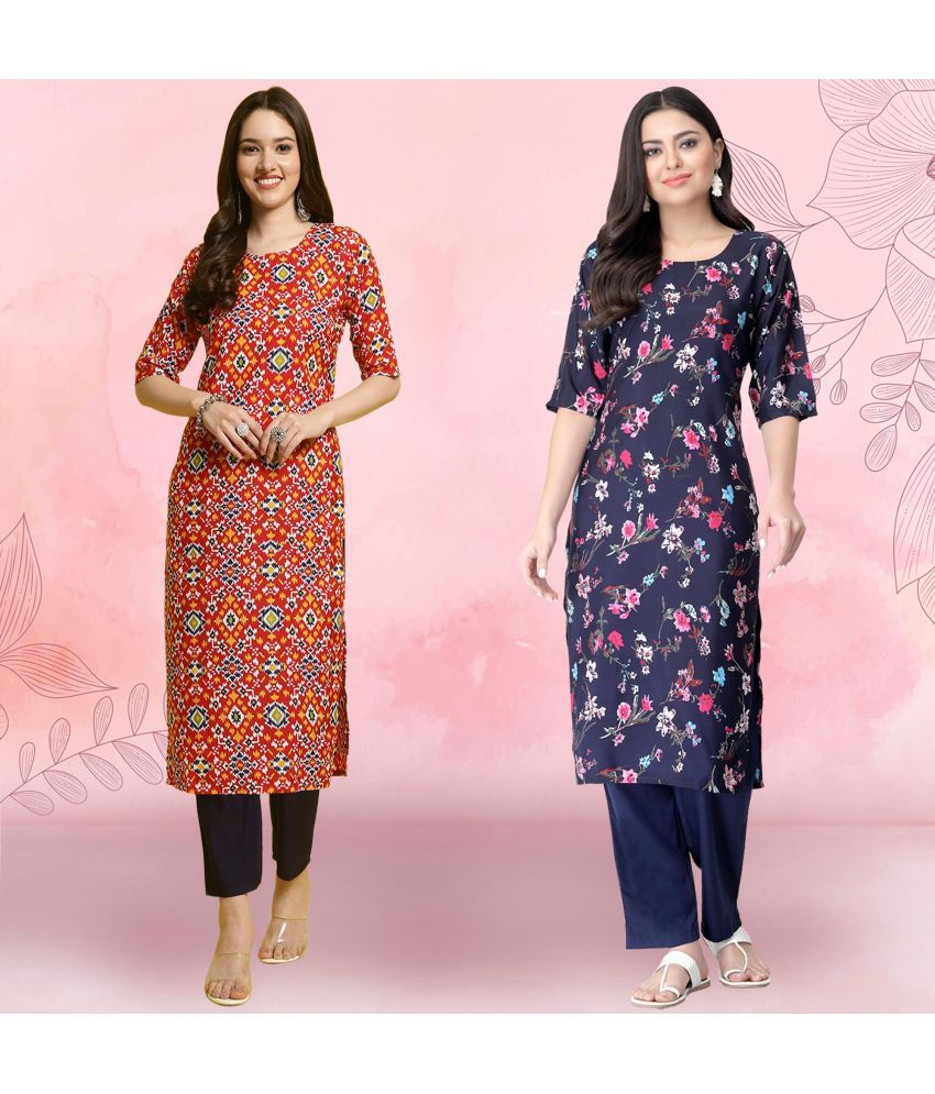     			Ethnicbasket Crepe Printed Kurti With Pants Women's Stitched Salwar Suit - Navy ( Pack of 2 )