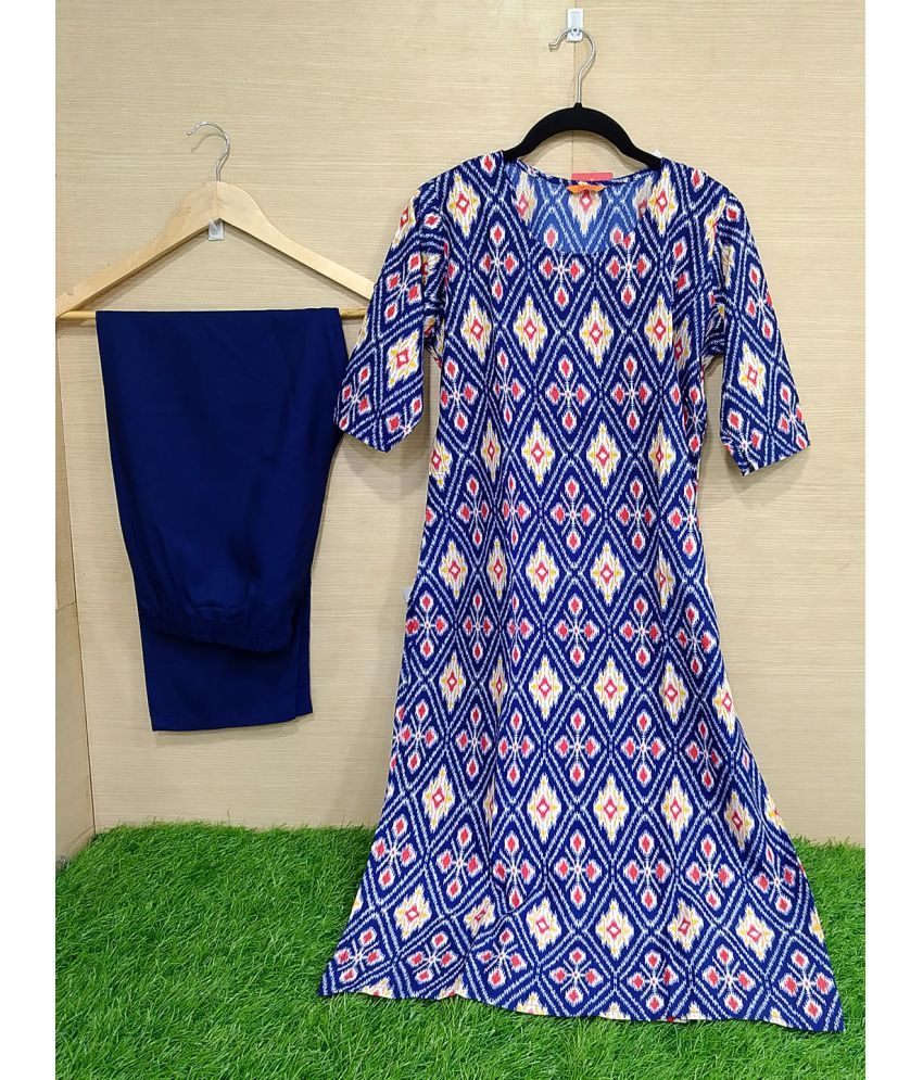     			Ethnicbasket Crepe Printed Kurti With Pants Women's Stitched Salwar Suit - Navy Blue ( Pack of 1 )