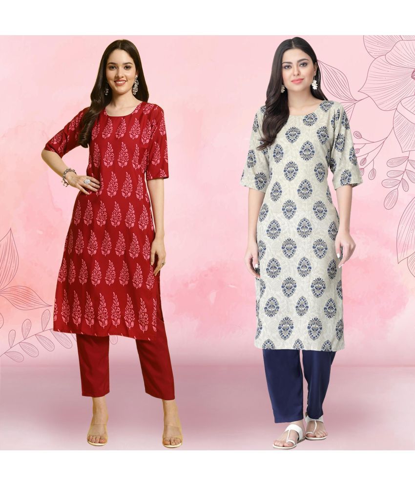     			Ethnicbasket Crepe Printed Kurti With Pants Women's Stitched Salwar Suit - Grey ( Pack of 2 )