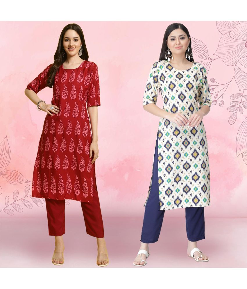     			Ethnicbasket Crepe Printed Kurti With Pants Women's Stitched Salwar Suit - White ( Pack of 2 )