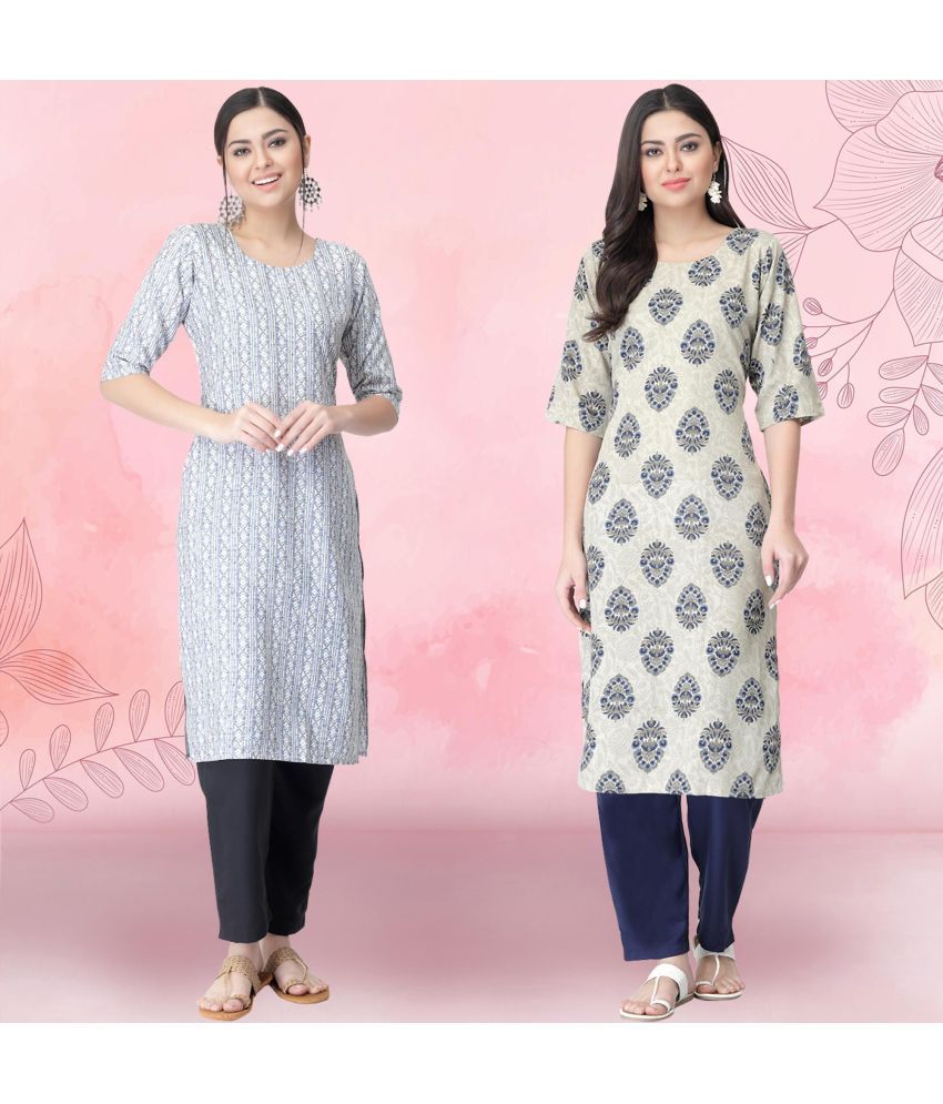     			Ethnicbasket Crepe Printed Kurti With Pants Women's Stitched Salwar Suit - Grey ( Pack of 2 )