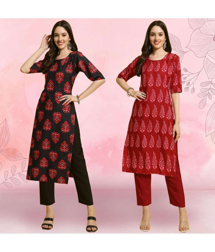     			Ethnicbasket Crepe Printed Kurti With Pants Women's Stitched Salwar Suit - Red ( Pack of 2 )