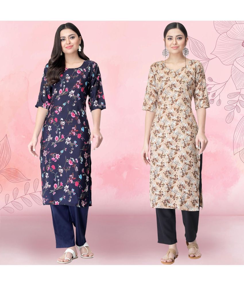     			Ethnicbasket Crepe Printed Kurti With Pants Women's Stitched Salwar Suit - Beige ( Pack of 2 )